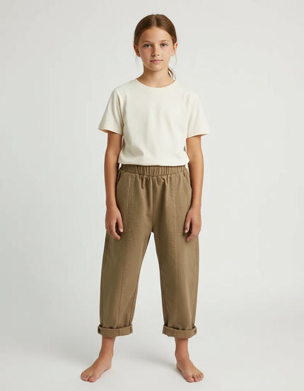 Pantalon Beige Coton Ample Enfant Décontracté Uni - Kaki