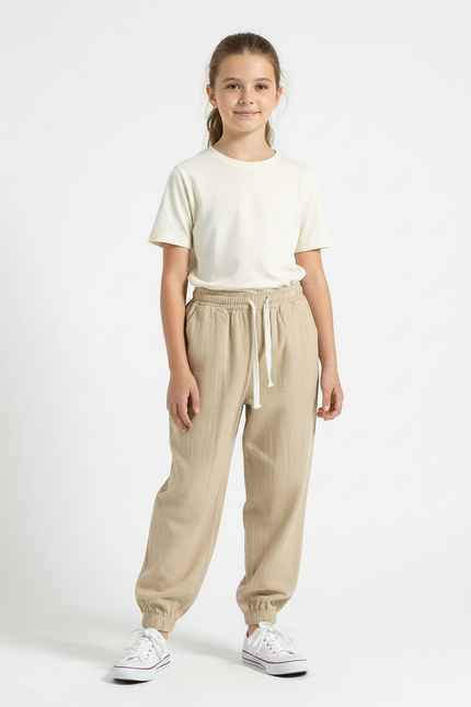 Pantalon Beige Coton Ample Cordon Décontracté