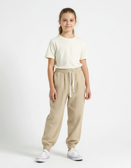 Pantalon Beige Coton Ample Cordon Décontracté