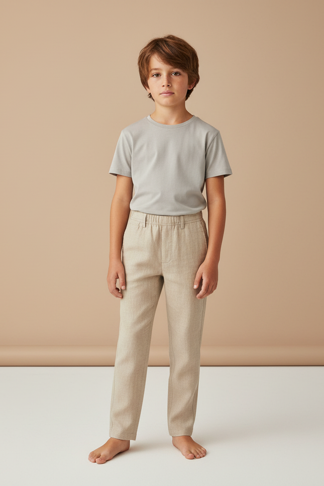 Pantalon Beige Lin Droit Enfant Décontracté Élégant