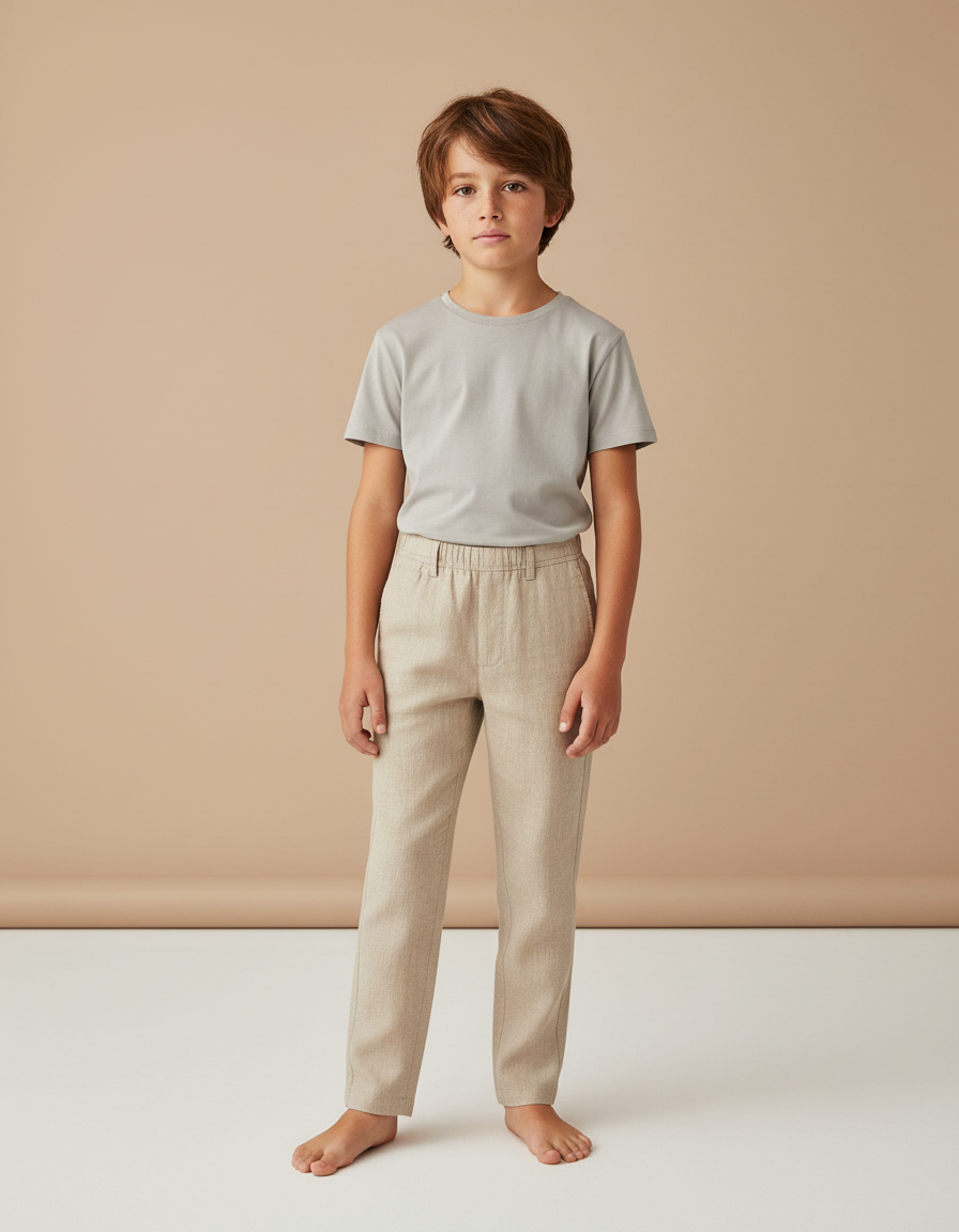 Pantalon Beige Lin Droit Enfant Décontracté Élégant