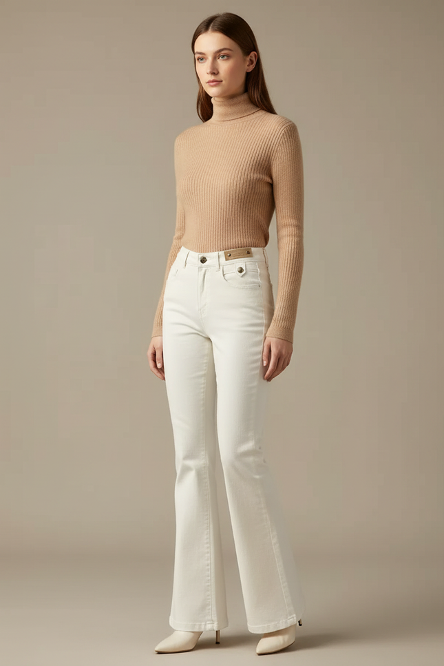 Pantalon Beige Évasé Taille Haute Élégant Femme - Blanc Jean