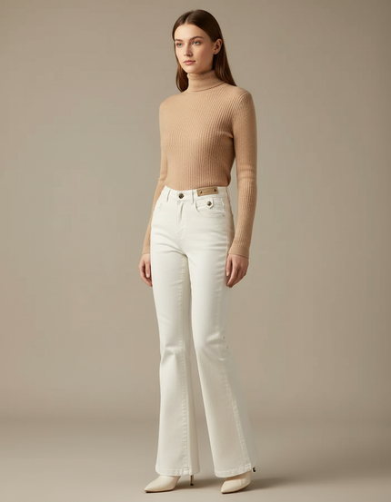 Pantalon Beige Évasé Taille Haute Élégant Femme - Blanc Jean