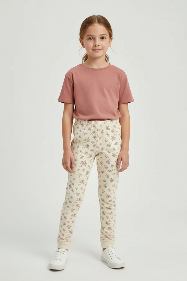 Pantalon Beige Imprimé Floral Coton Élastique Fille