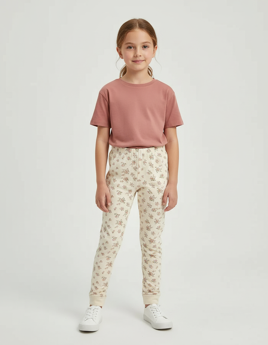 Pantalon Beige Imprimé Floral Coton Élastique Fille