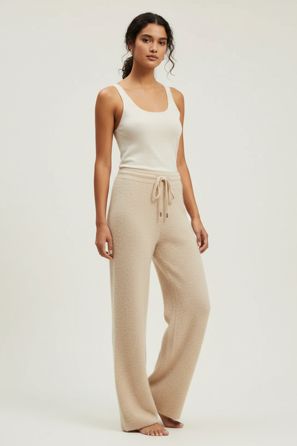 Pantalon Beige Femme Tricoté Ample Doux Confortable - Maille