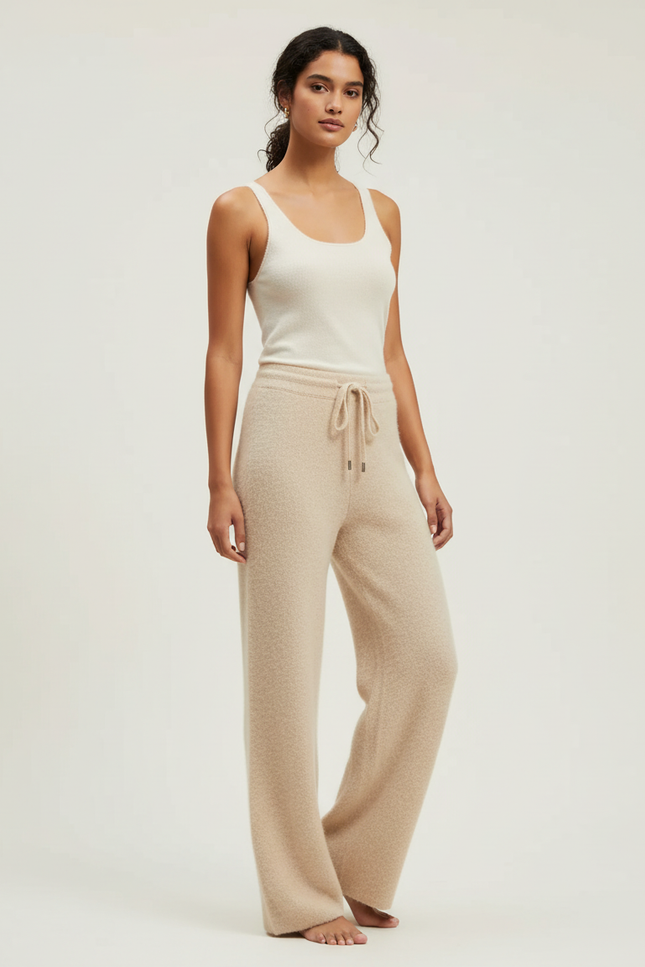 Pantalon Beige Femme Tricoté Ample Doux Confortable - Maille