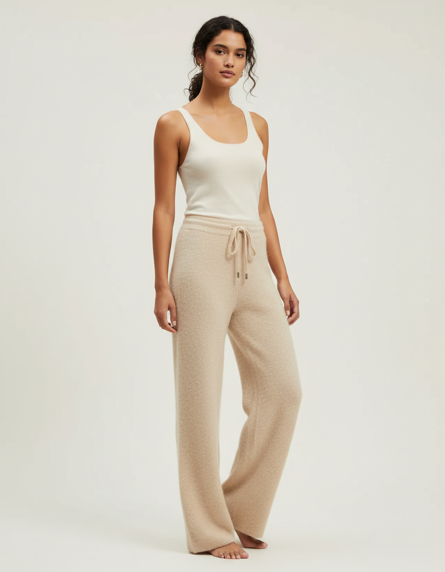Pantalon Beige Femme Tricoté Ample Doux Confortable - Maille