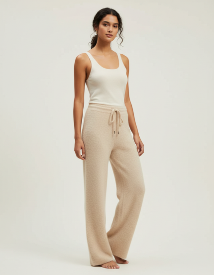 Pantalon Beige Femme Tricoté Ample Doux Confortable - Maille