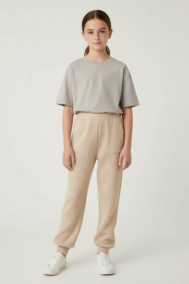 Pantalon Beige Tricoté Ample Décontracté Fille - Maille
