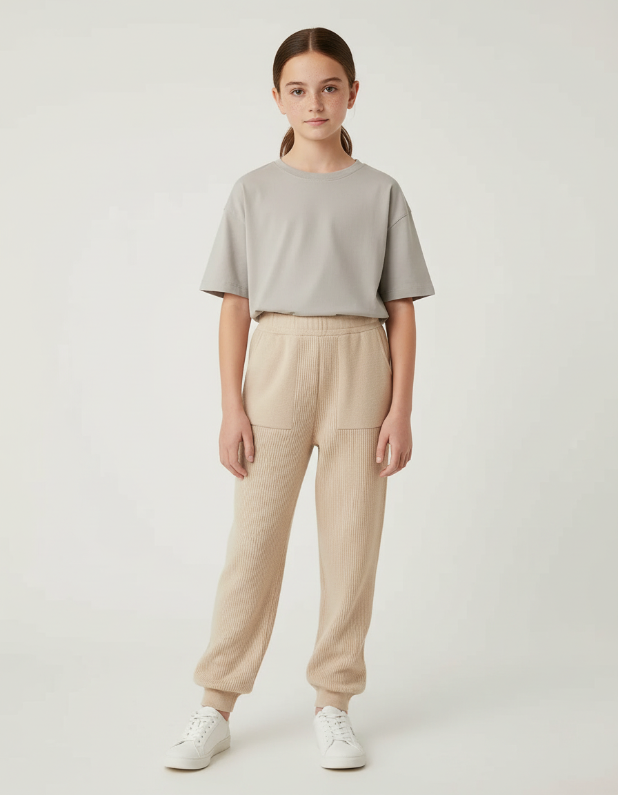 Pantalon Beige Tricoté Ample Décontracté Fille - Maille