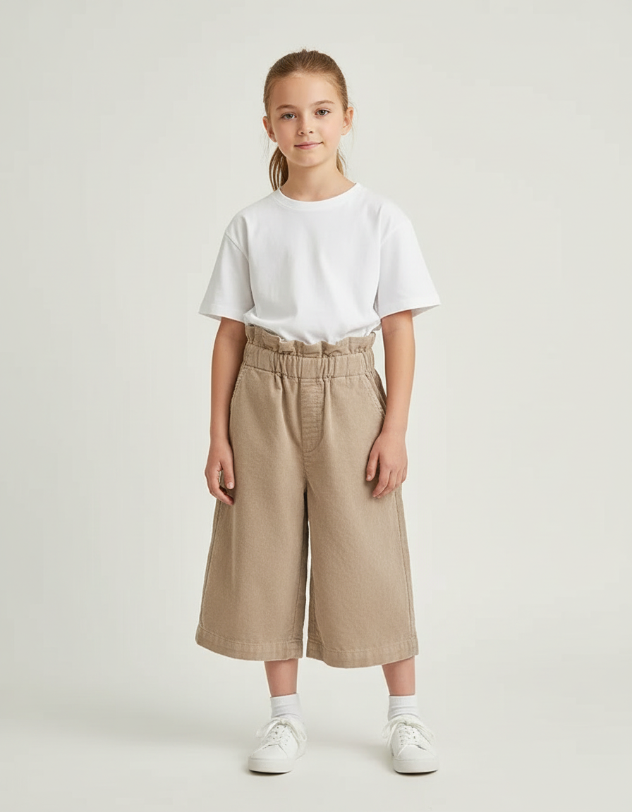 Pantalon Beige Enfant Côtelé Ample Décontracté Fille - Cordé