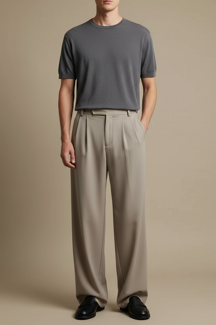 Pantalon Beige Plissé Ample Droit Élégant Homme - Polyester