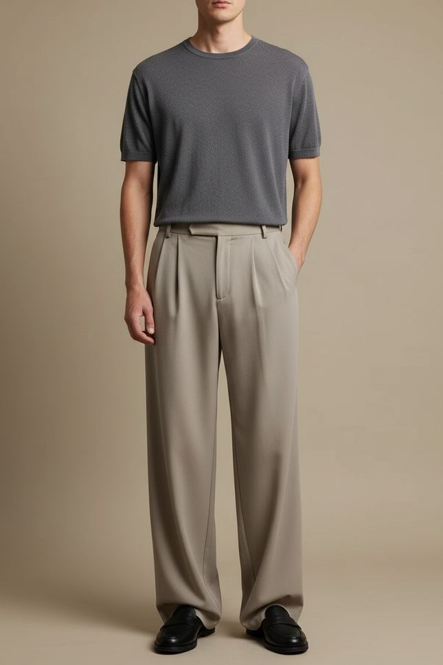 Pantalon Beige Plissé Ample Droit Élégant Homme - Polyester
