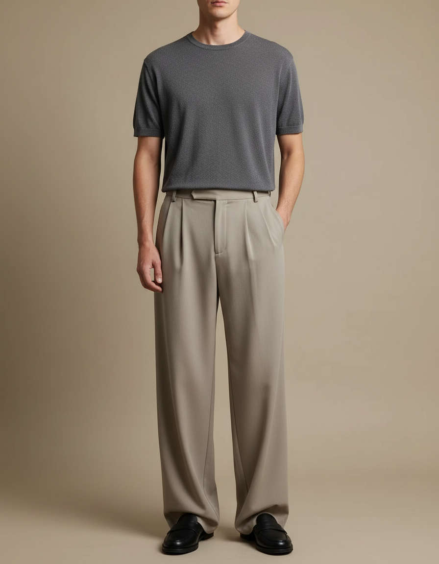 Pantalon Beige Plissé Ample Droit Élégant Homme - Polyester