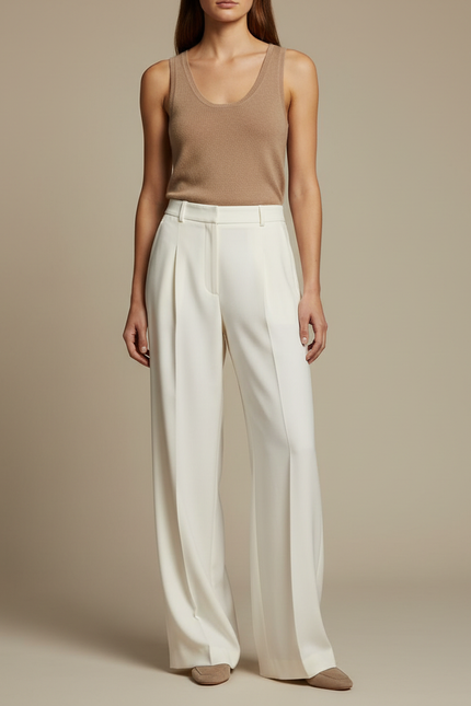 Pantalon Beige Fluide Ample Taille Haute Chic - Blanc Polyester