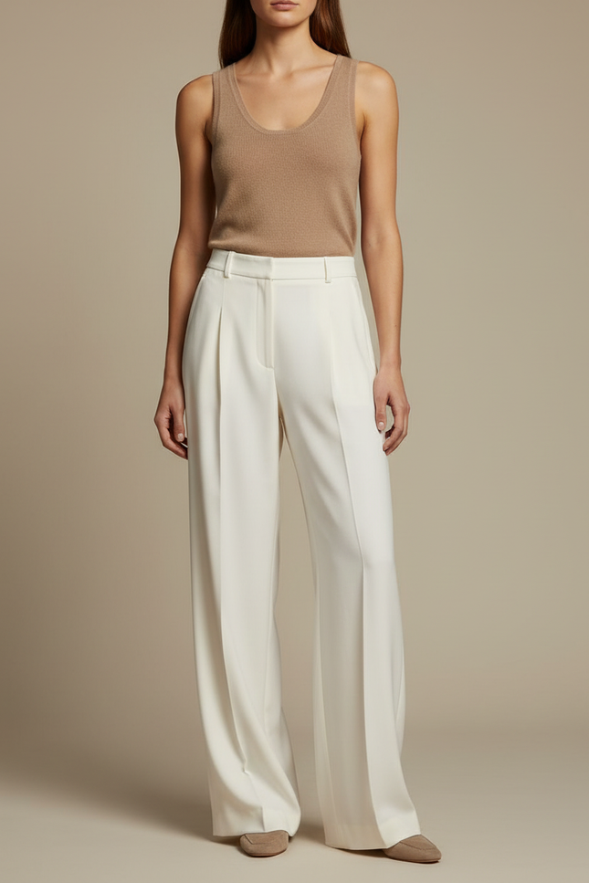 Pantalon Beige Fluide Ample Taille Haute Chic - Blanc Polyester