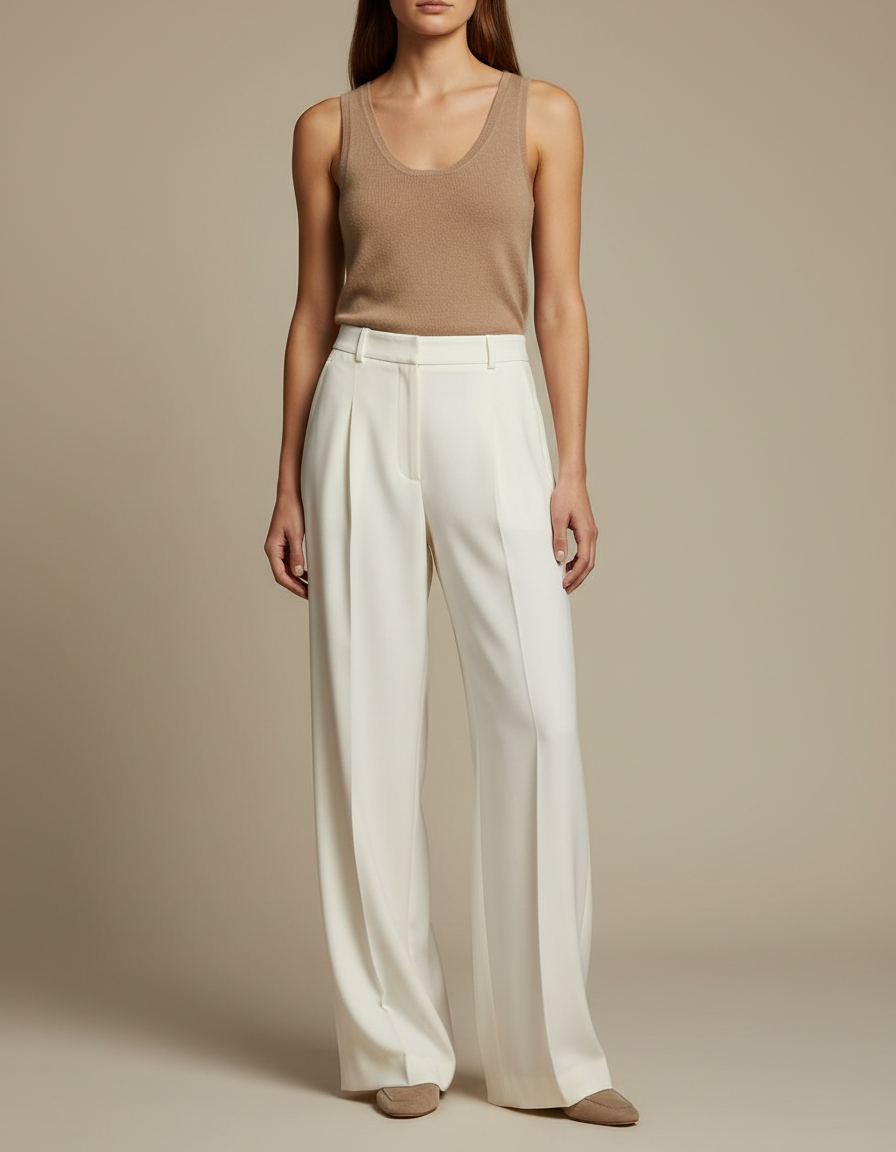Pantalon Beige Fluide Ample Taille Haute Chic - Blanc Polyester