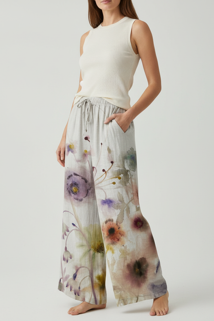 Pantalon Beige Fleuri Ample Fluide Décontracté - Multicolore Lin