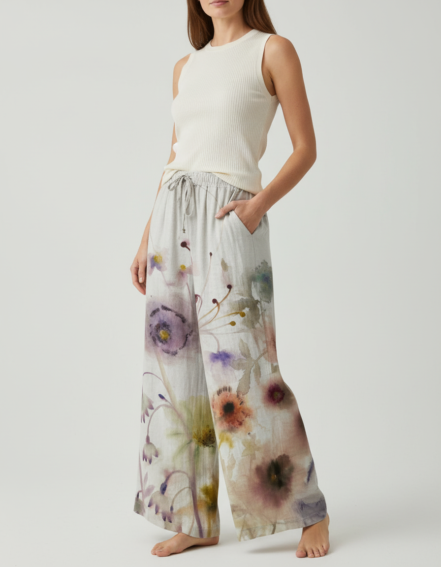 Pantalon Beige Fleuri Ample Fluide Décontracté - Multicolore Lin