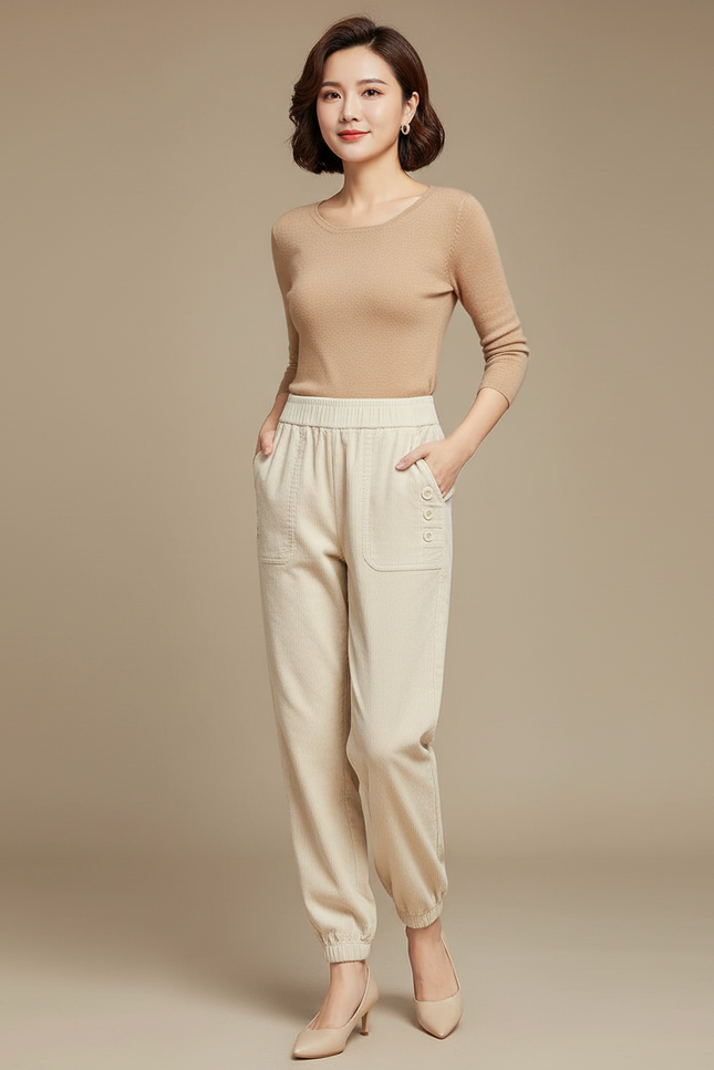 Pantalon Velours Femme Beige Clair - Cordé