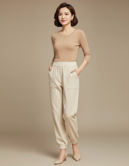 Pantalon Velours Femme Beige Clair - Cordé