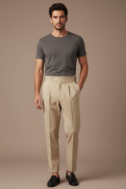 Pantalon Beige Homme Décontracté Plissé Droit Élégant - Gabardine