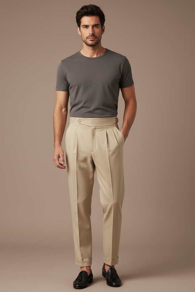 Pantalon Beige Homme Décontracté Plissé Droit Élégant - Gabardine
