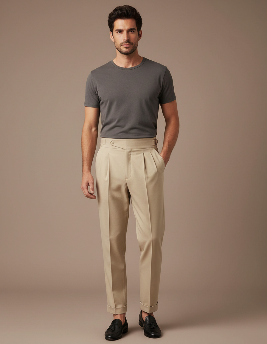 Pantalon Beige Homme Décontracté Plissé Droit Élégant - Gabardine