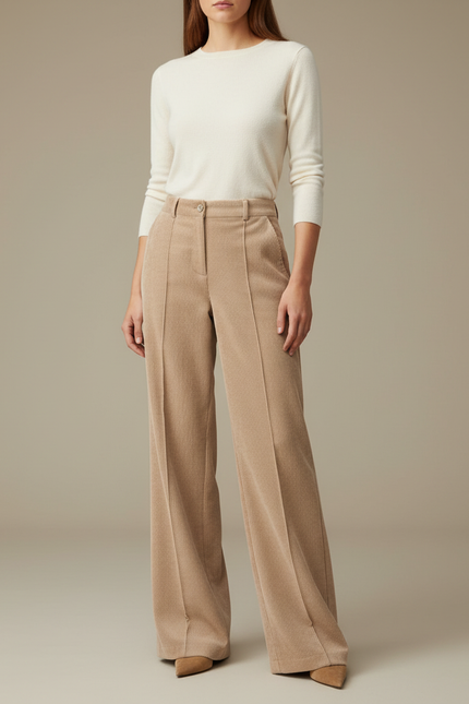Pantalon Beige Côtelé Ample Taille Haute Femme - Cordé
