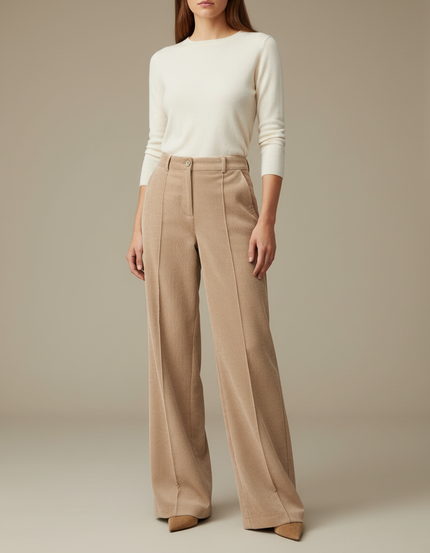 Pantalon Beige Côtelé Ample Taille Haute Femme - Cordé