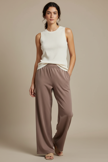 Pantalon Beige Ample, Décontracté, Uni, Confortable, Femme - Marron Molleton