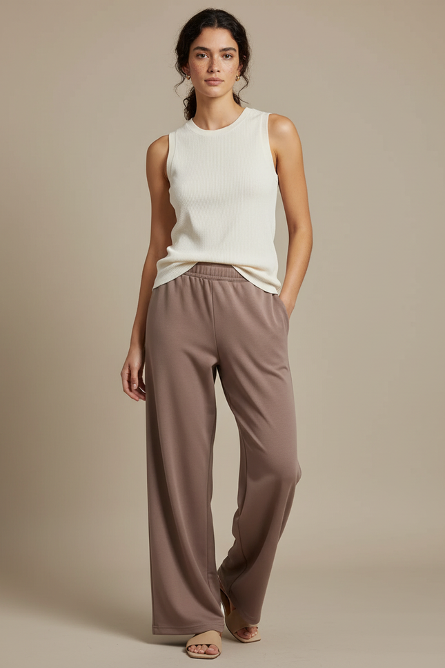 Pantalon Beige Ample, Décontracté, Uni, Confortable, Femme - Marron Molleton