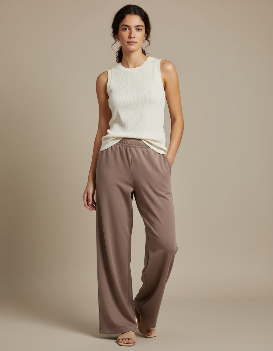 Pantalon Beige Ample, Décontracté, Uni, Confortable, Femme - Marron Molleton