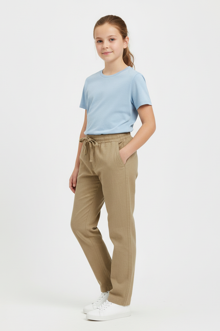 Pantalon Beige Coton Ample Cordon Décontracté Enfant - Lin