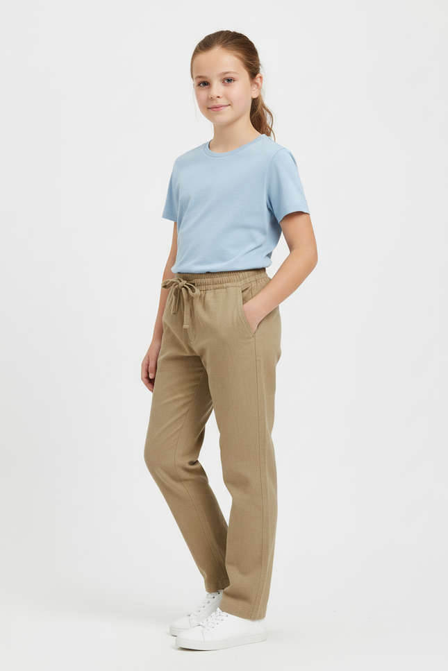 Pantalon Beige Coton Ample Cordon Décontracté Enfant - Lin