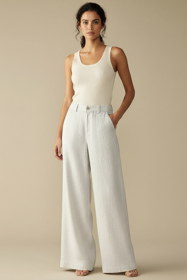 Pantalon Beige Lin Ample Taille Haute Fluide
