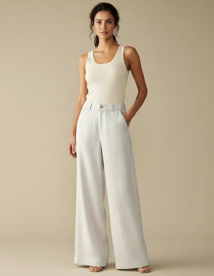 Pantalon Beige Lin Ample Taille Haute Fluide