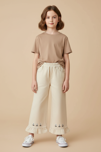 Pantalon Beige Ample Brodé Volants Enfant Coton