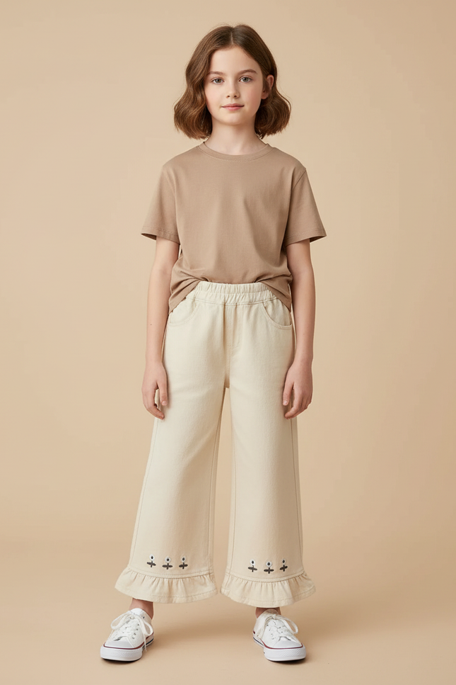 Pantalon Beige Ample Brodé Volants Enfant Coton