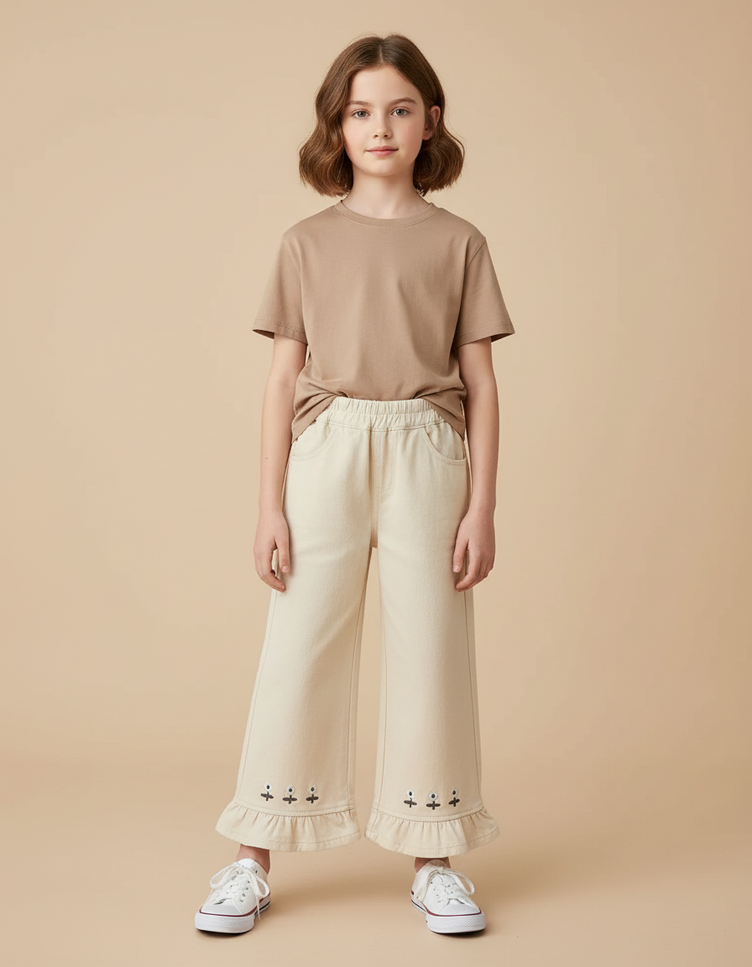 Pantalon Beige Ample Brodé Volants Enfant Coton
