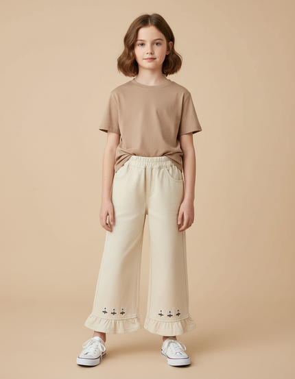 Pantalon Beige Ample Brodé Volants Enfant Coton
