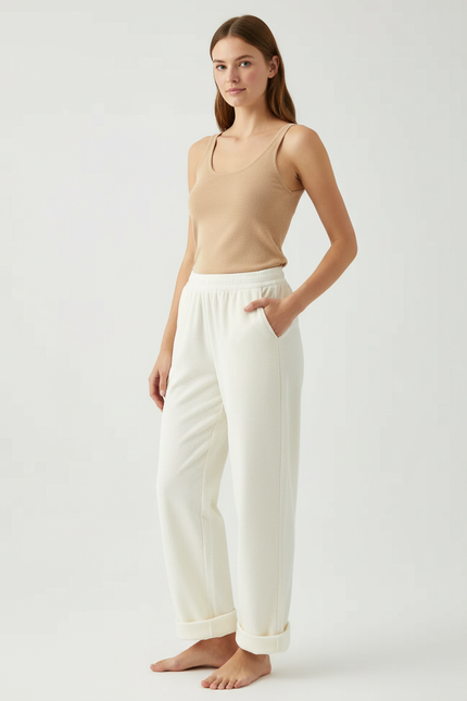Pantalon Beige Ample Côtelé Décontracté Femme - Blanc Cordé
