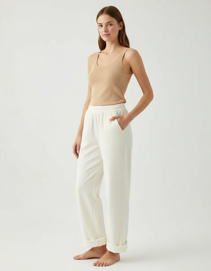 Pantalon Beige Ample Côtelé Décontracté Femme - Blanc Cordé