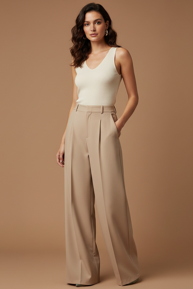 Pantalon Beige Large Fluide Plissé Taille Haute - Polyester