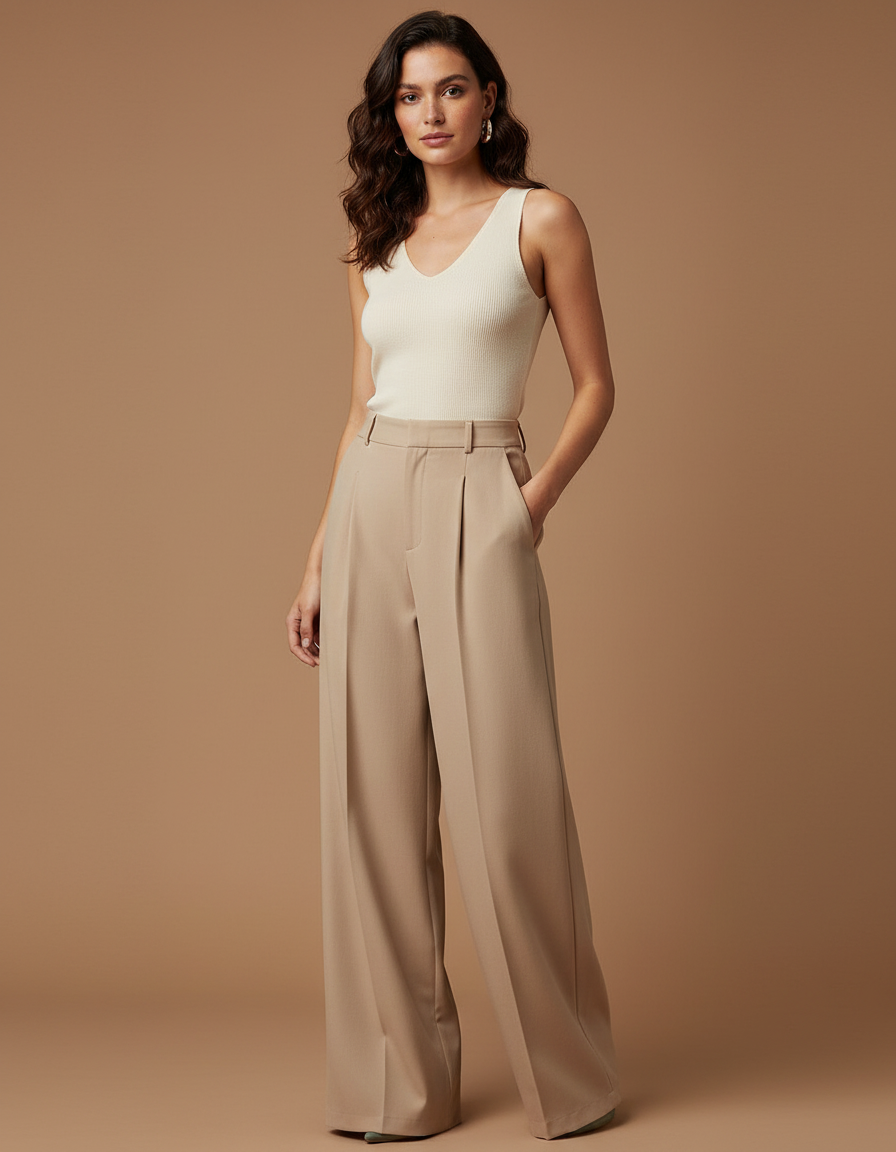 Pantalon Beige Large Fluide Plissé Taille Haute - Polyester