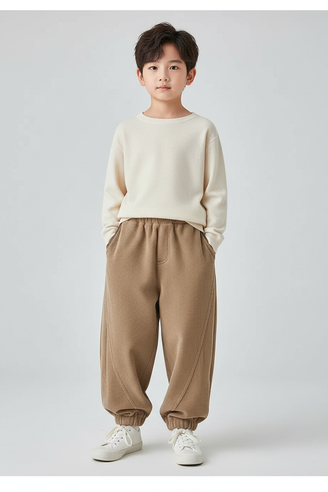 Pantalon Beige Côtelé Ample Élastique Garçon Décontracté - Cordé