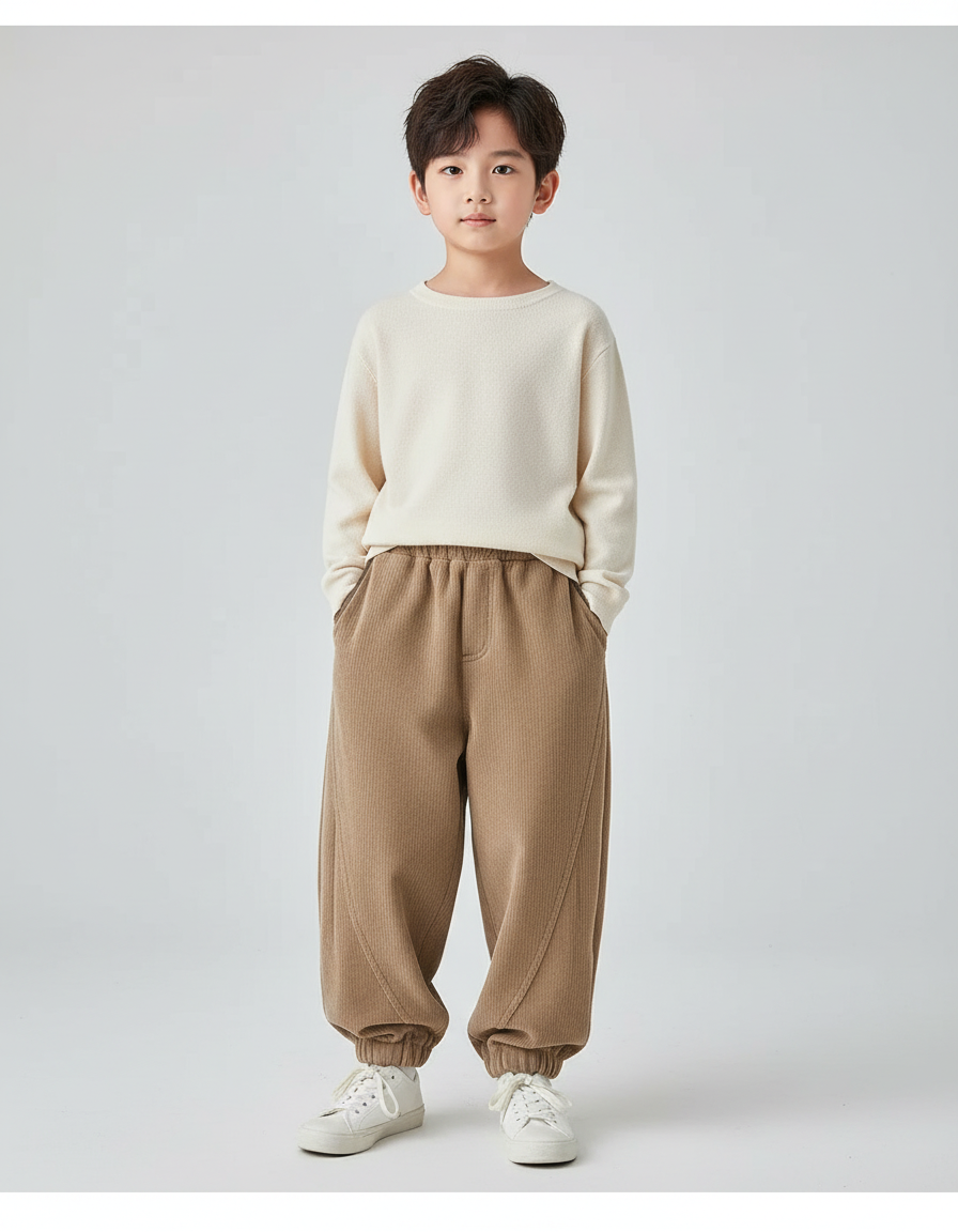 Pantalon Beige Côtelé Ample Élastique Garçon Décontracté - Cordé