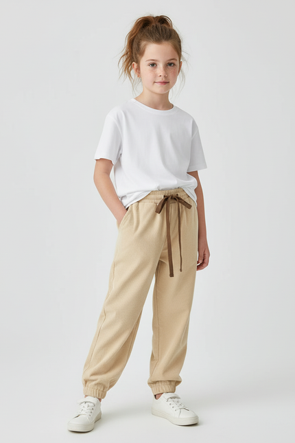 Pantalon Beige Côtelé Ample Sport Décontracté - Cordé