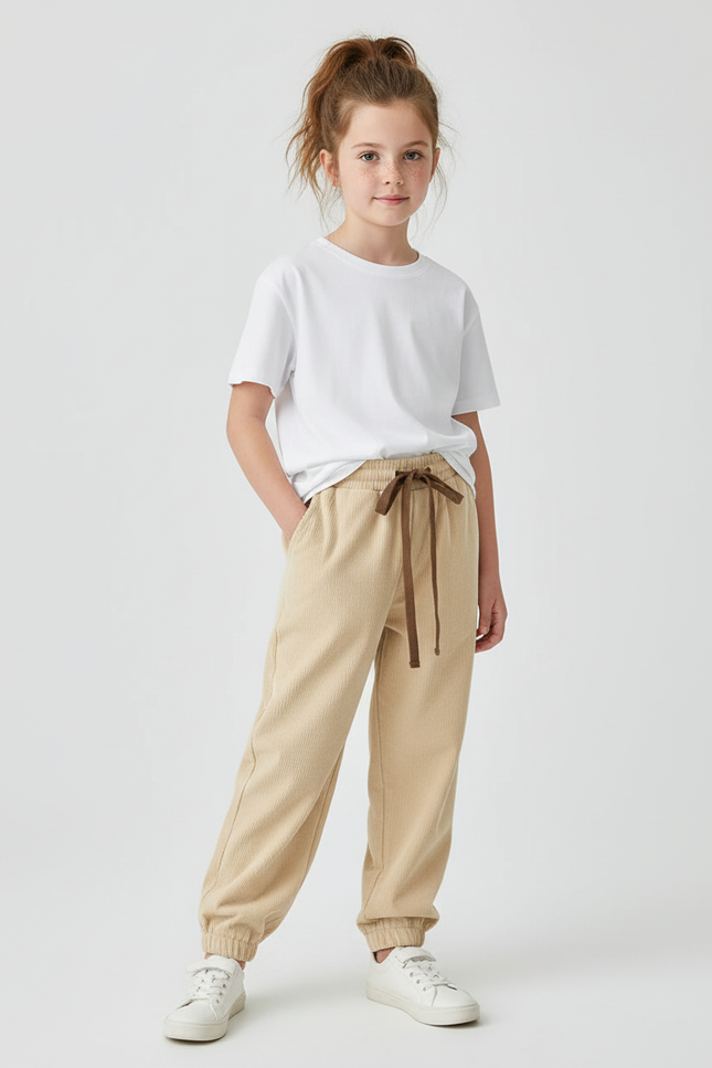 Pantalon Beige Côtelé Ample Sport Décontracté - Cordé
